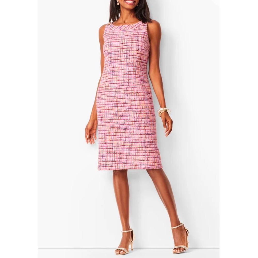 Talbots RSVP Ribbon Tweed Dress 14W Pink Sheath Sleeveless Preppy Career Wear